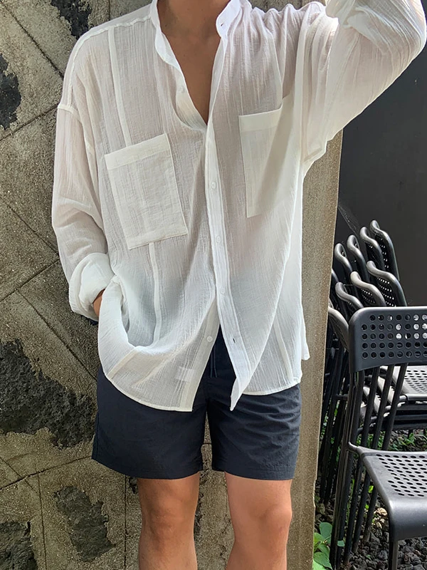 

Белая льняная длинная рубашка-поло для мужчин, весна-лето, легкая, дышащая, с защитой от солнца, с воротником-стойкой, повседневная, модная верхняя одежда