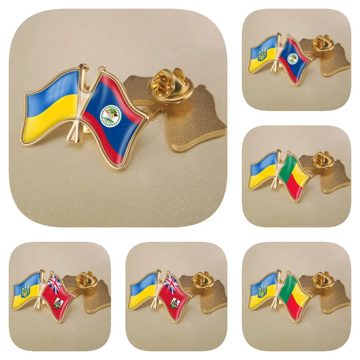 Ukraine and Belize Benin Bermuda Double Crossed Friendship Flags Brooches Lapel Pins Bradges