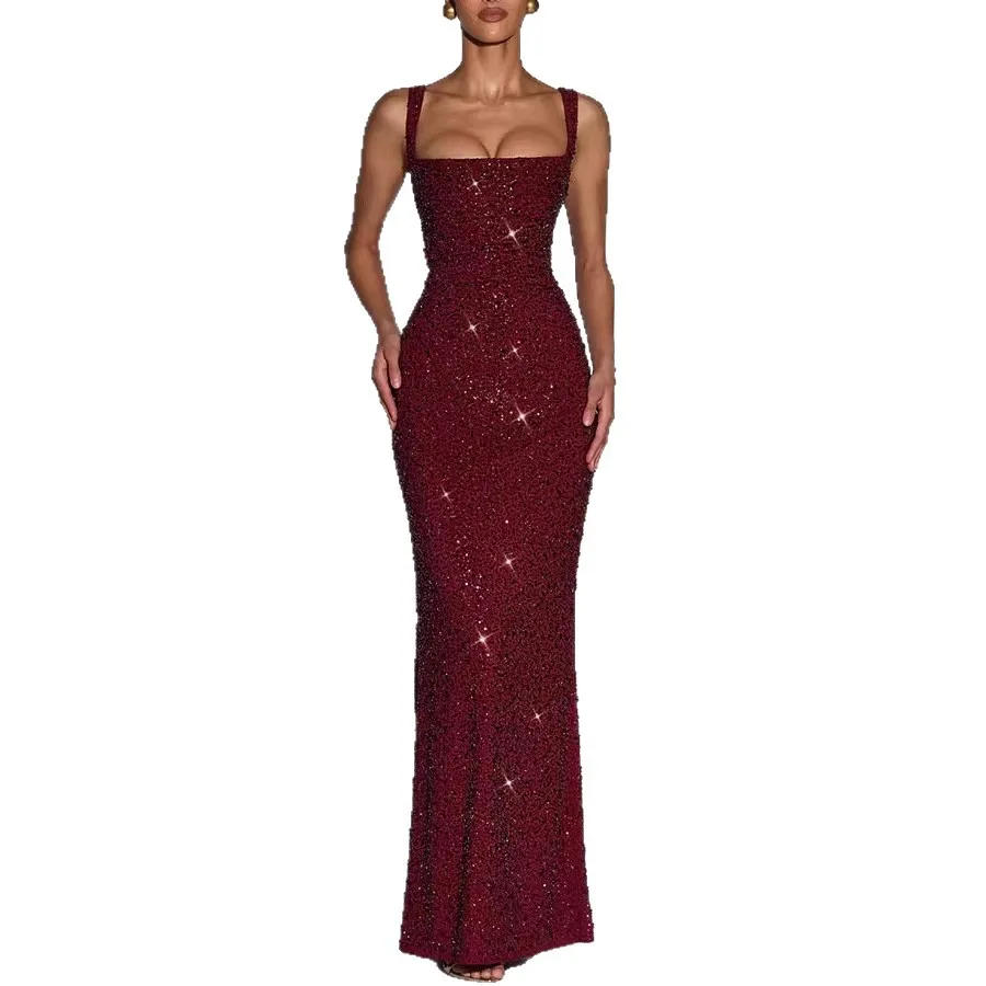 Women's Sequin. Strap Smart Fit Tie Sleeveless Fashion Clothes Evening Gown. 8228 Summer Maxi Dress Lace Prom Femme Y2k、