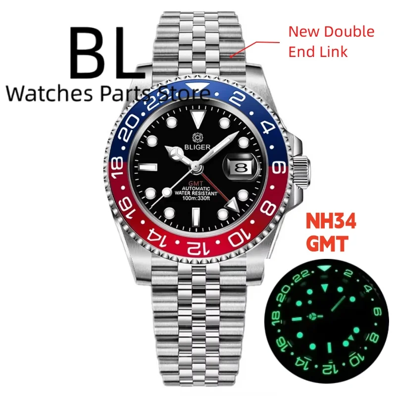 BLIGER 40MM GMT Men's Mechanical Watches NH34 Redblue Black Green Gray Bezel Sapphire Glass100M Waterproof Sport Watches for Men