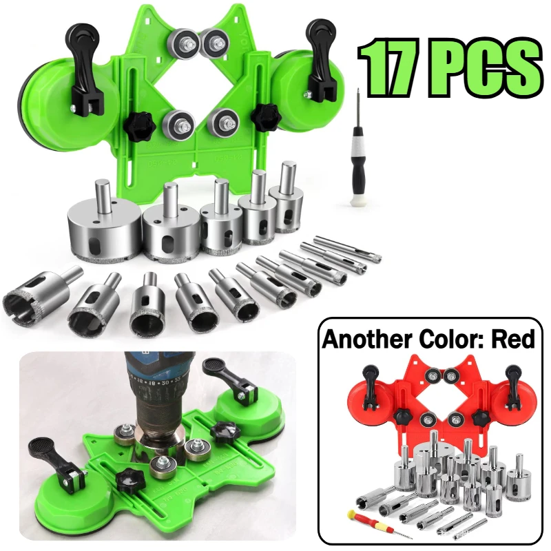 17Pcs Diamond Tile Drill Bits Set Double Suction Cups Hole Saw Guide Jig (1/4