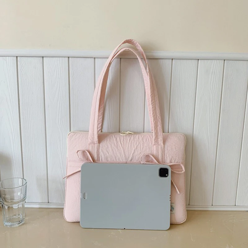Mulheres coreanas 14in à prova de choque bolsa para portátil cor sólida arco macio zíper macbook caso casual moda simples bolsas quadradas
