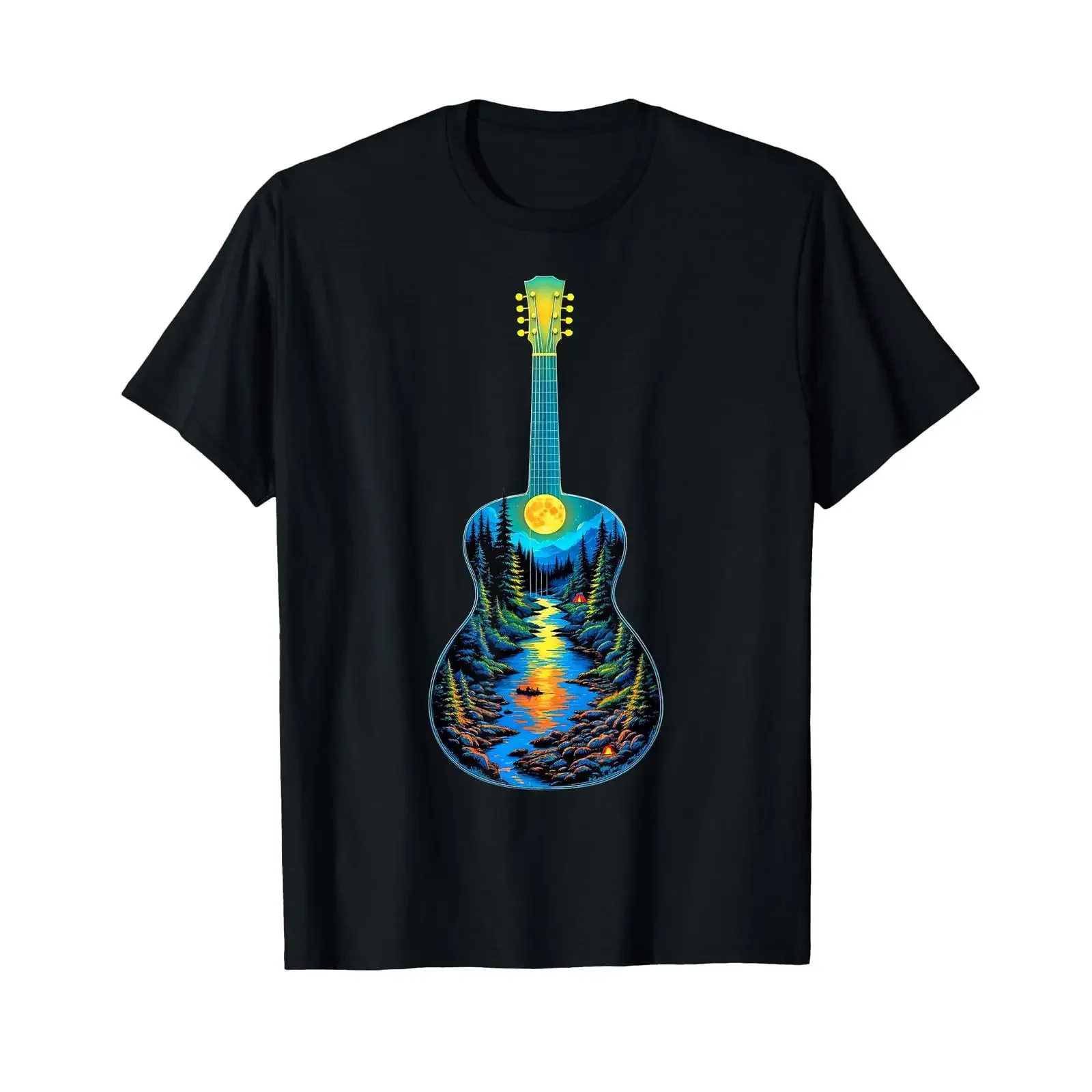 Футболка Gitarre Lake Reflections Forest Pine Tree Moon Camp Gitarrist, винтажная, с эффектом потертости, дизайнерская одежда с графическим принтом