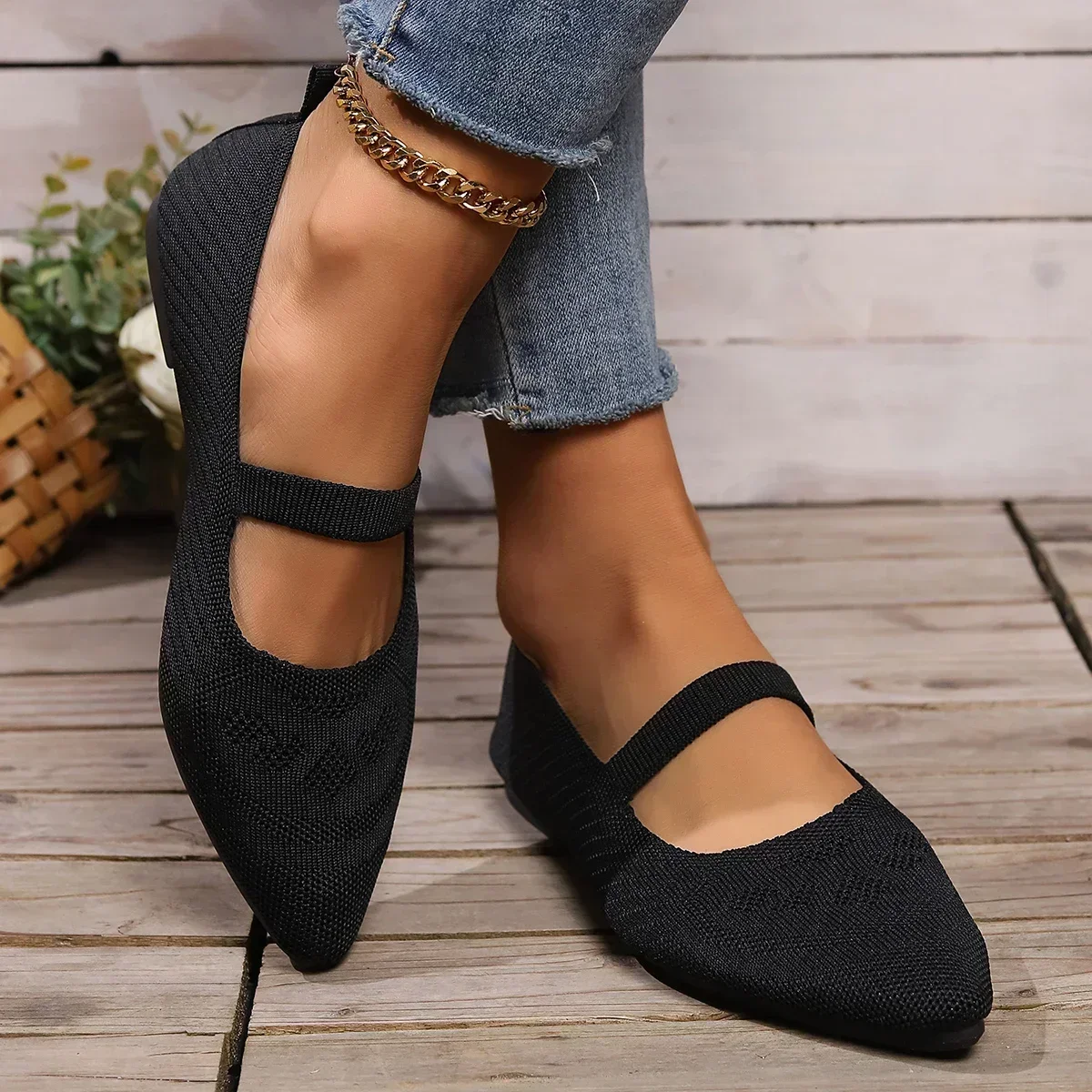 Women Pointed Toe Flat Shoes Solid Color Knitted Shoes Casual Breathable Ballet Flats Women Loafers Zapatos Mujer 2024 Tendencia