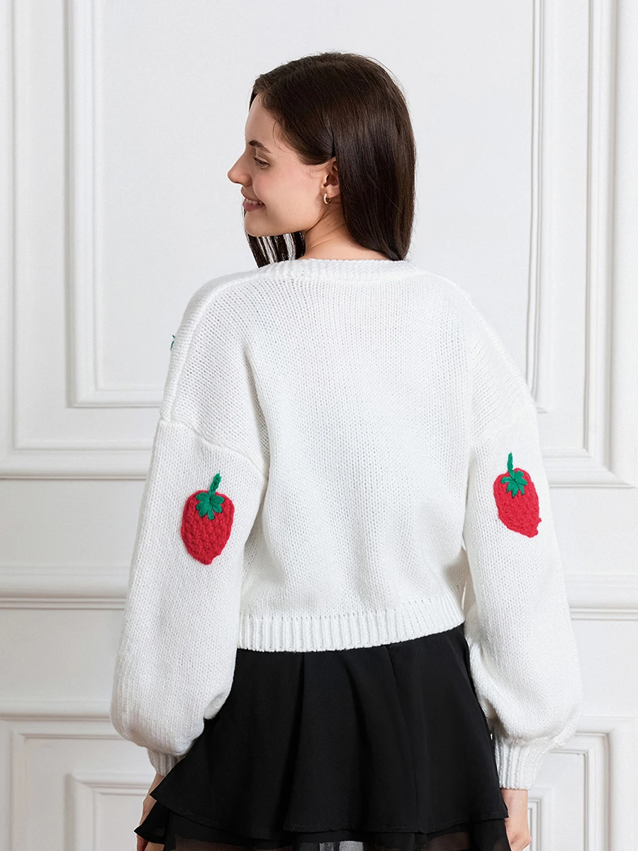 Women Long Sleeve Open Front Fruit Knitted Crop Cardigan Fashion V Neck Button Down Cable Knit Sweaters Cute Casual Jumpers Top