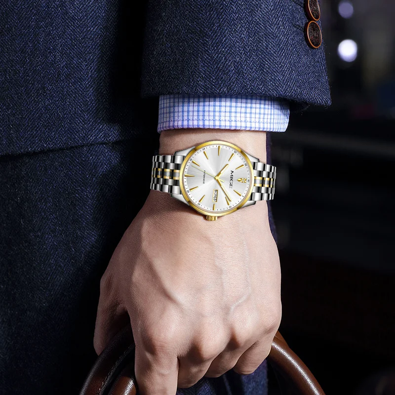 MIGE brand mechanical men stainless steel case business watch Luminous waterproof date and week luxury fashion watch