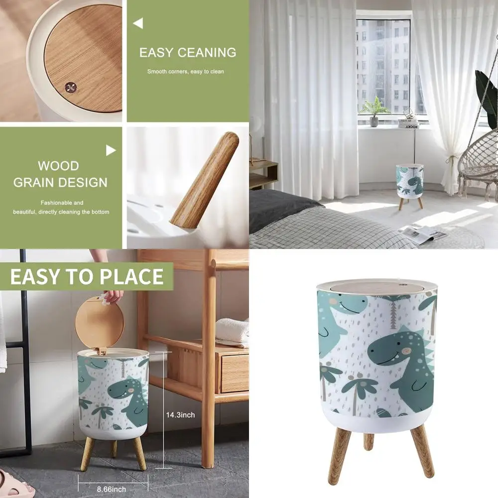 

Cute Dino-Themed Child-Proof Bathroom Trash Bin with Lid, Wooden, 8.66 x 14.3