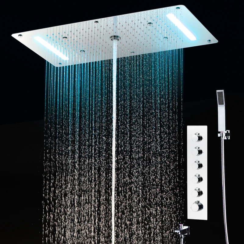 

Shower LED Set 700X380MM Recessed Ceiling Column Rain Mist Waterfall Shower Panel Thermostatic Diverter Vertical