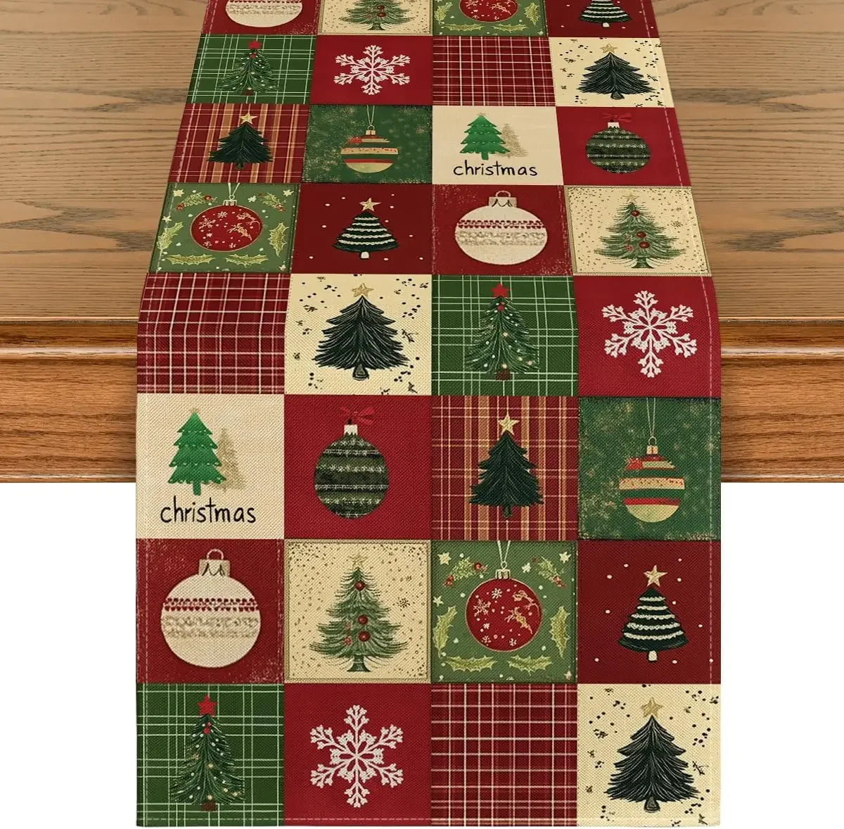 1Pc Patchwork Style Table Runner Red And Green Christmas Tree Snowflake Ornament Print Table Cover Dining Table Kitchen Desk Hol