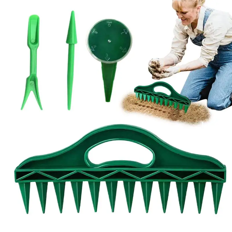 Sowing Seeder Dispenser Hand Tool Adjustable 4 Pieces Seeding Puncher Soil Digger Planter 12 Holes Seedlings Dibber Handheld