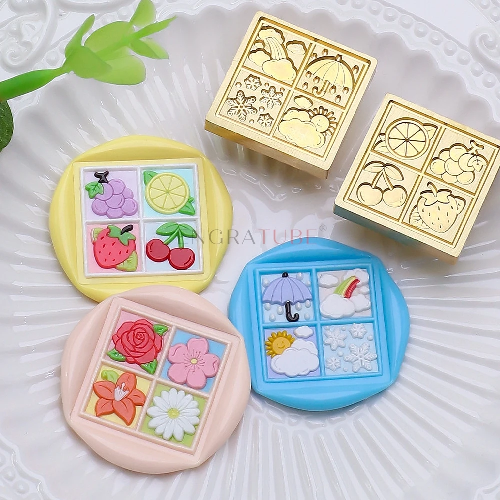 Square Sealing Wax Stamp Leaves Flower Four Seasons Grid Fruit Christmas Halloween Envelope Wedding Invitation Gift Packaging