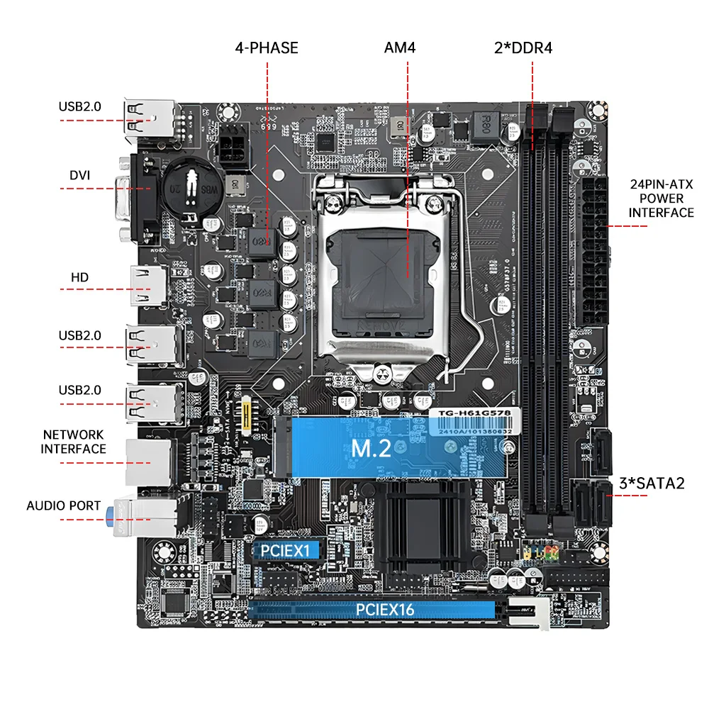 MOUGOL H61M M-ATX Motherboard M.2 NVME PCIEx16 HD/DVI Supports Dual-channel DDR3 RAM Intel Core 2/3 Gen CPU LGA1155 3*SATA 6*USB