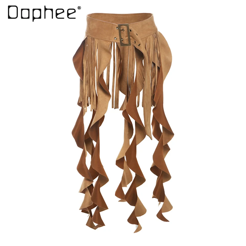 

Hot Girl Ruffle Edge Irregular Skirt Versatile Temperament Fringed Belt European American Fashion Street High Waist Mini Skirt