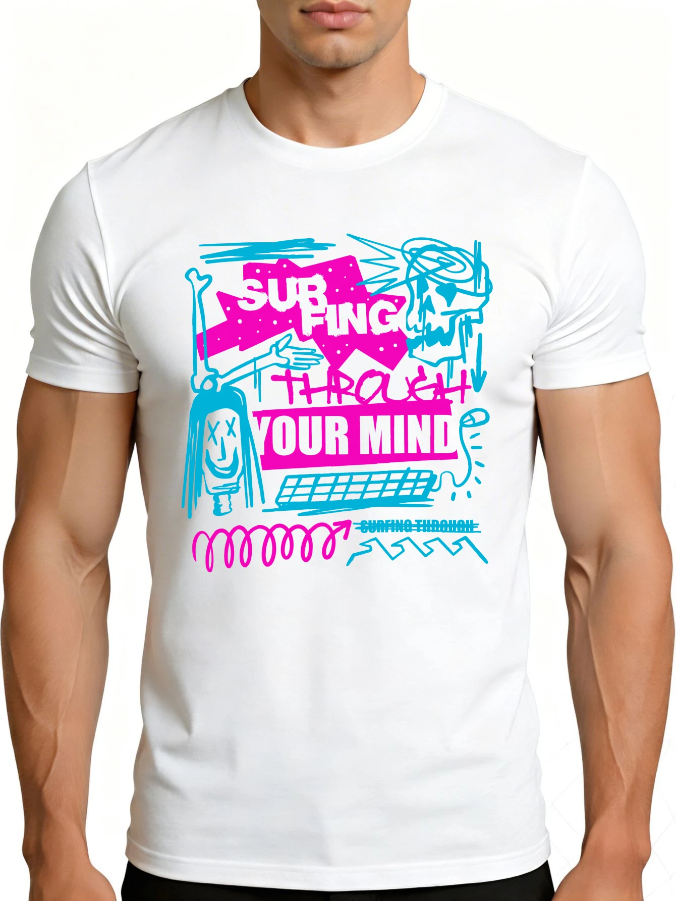Casual Street Style Men's T-Shirt, Surfing through Your Mind Graphic Design, Summer Wear, Gift for Stylish Young Men