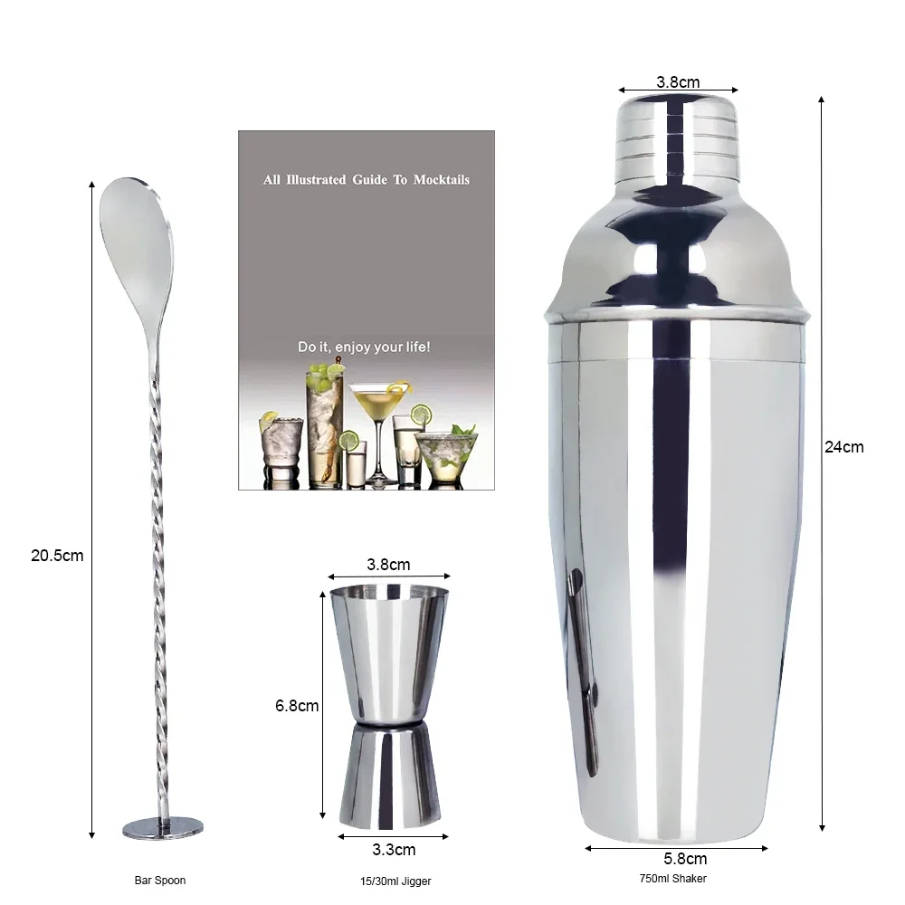 3PCS/Set 750cc 304 Stainless Steel Cocktail Shaker, Bartender Kit, Bartending Bar Shaker Tool Jigger, Spoon with Cocktail Recipe