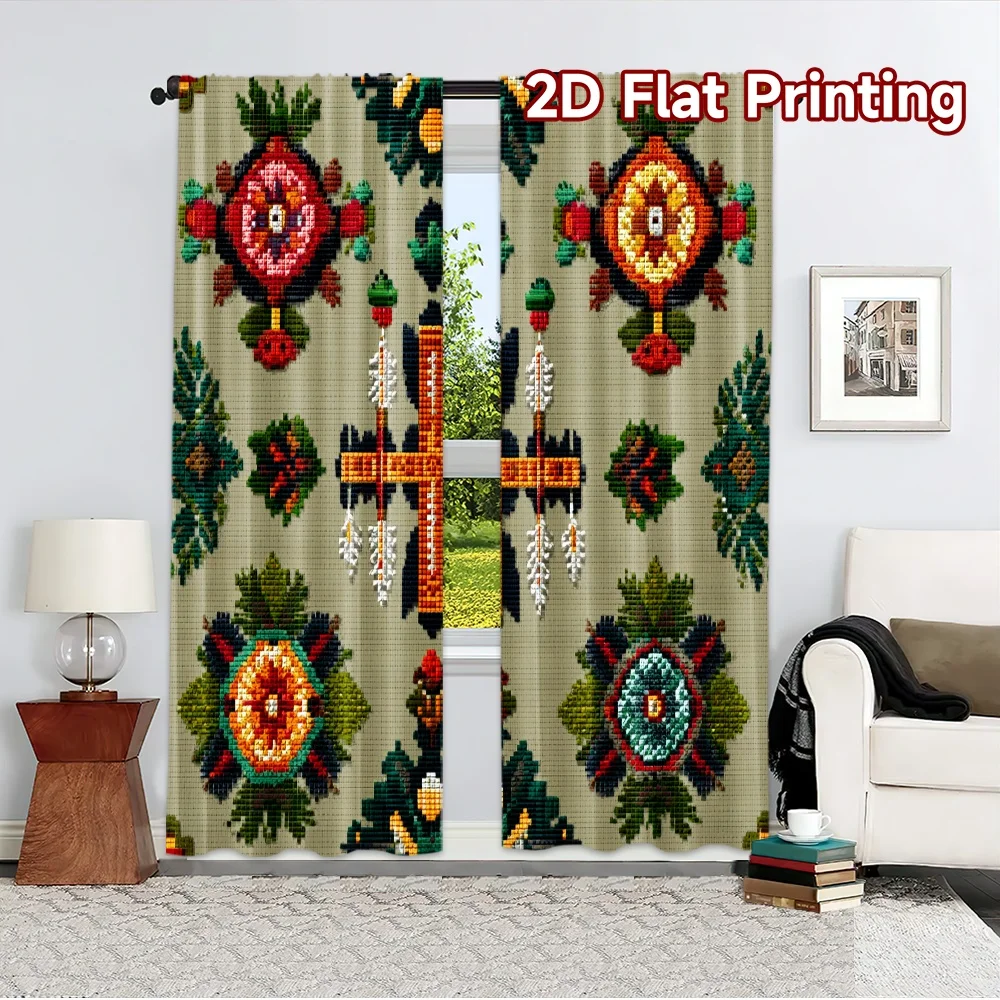 Cross Stitch Ethnic Floral Cross Blackout Rod Pocket Curtain Color Embroidery Pattern Decor Bohemian Homestay Living Rest Bay