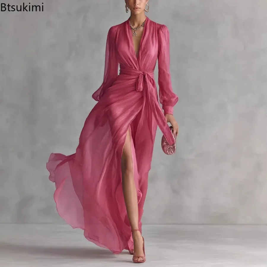 New Fashion Solid Color V-neck Party Long Dresses for Women Summer Elegant Long Sleeve Lace Up Maxi Dress Ladies Casual Vestidos