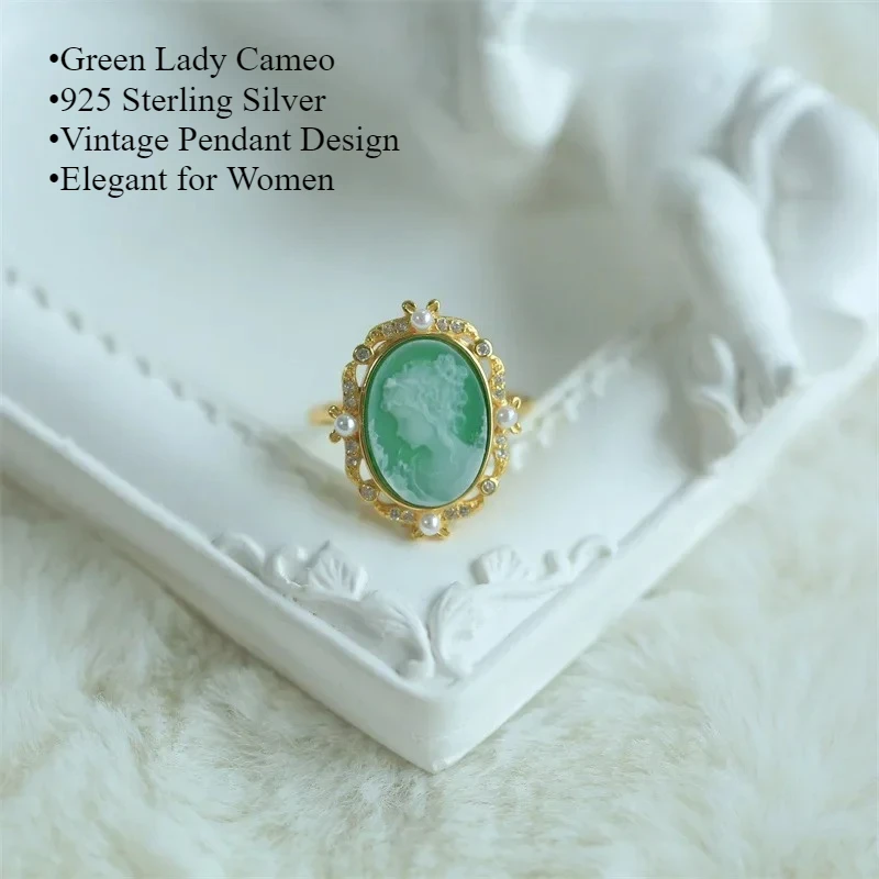Vintage 925 Sterling Silver Green Lady Cameo Pendant for Women