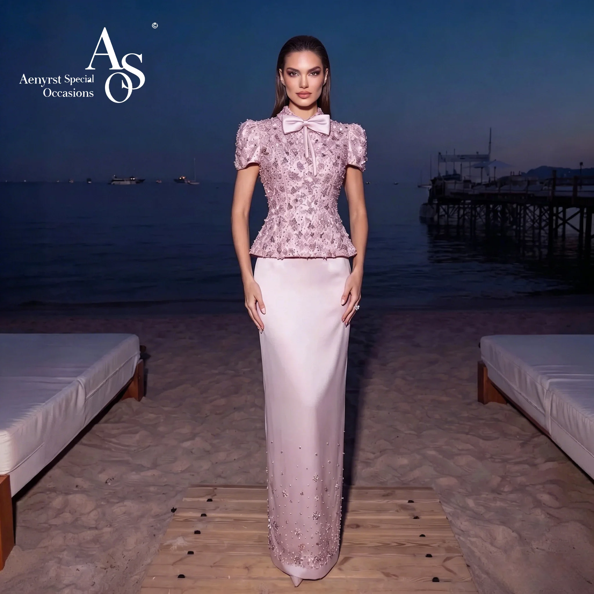 Elegant purple long evening dress, with a high collar and short sleeves, featuring fishbone, bow and bead decorations.