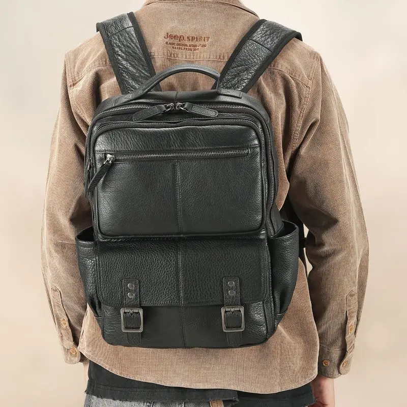 Men Genuine Leather Backpack With Dual Compartments And Buckle Pockets Square Business Travel Laptop Bag Heavy Duty Cowhide