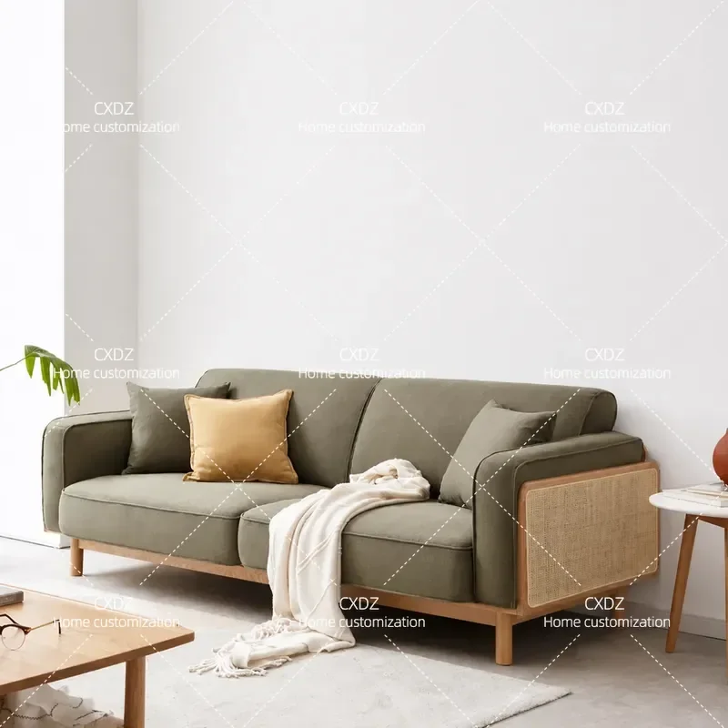 2025 Rattan Sofa Set Japanese Ash Wood Three Seater Fabric Log Style Simple Small Apartment Living Room Solid Wood Furniture