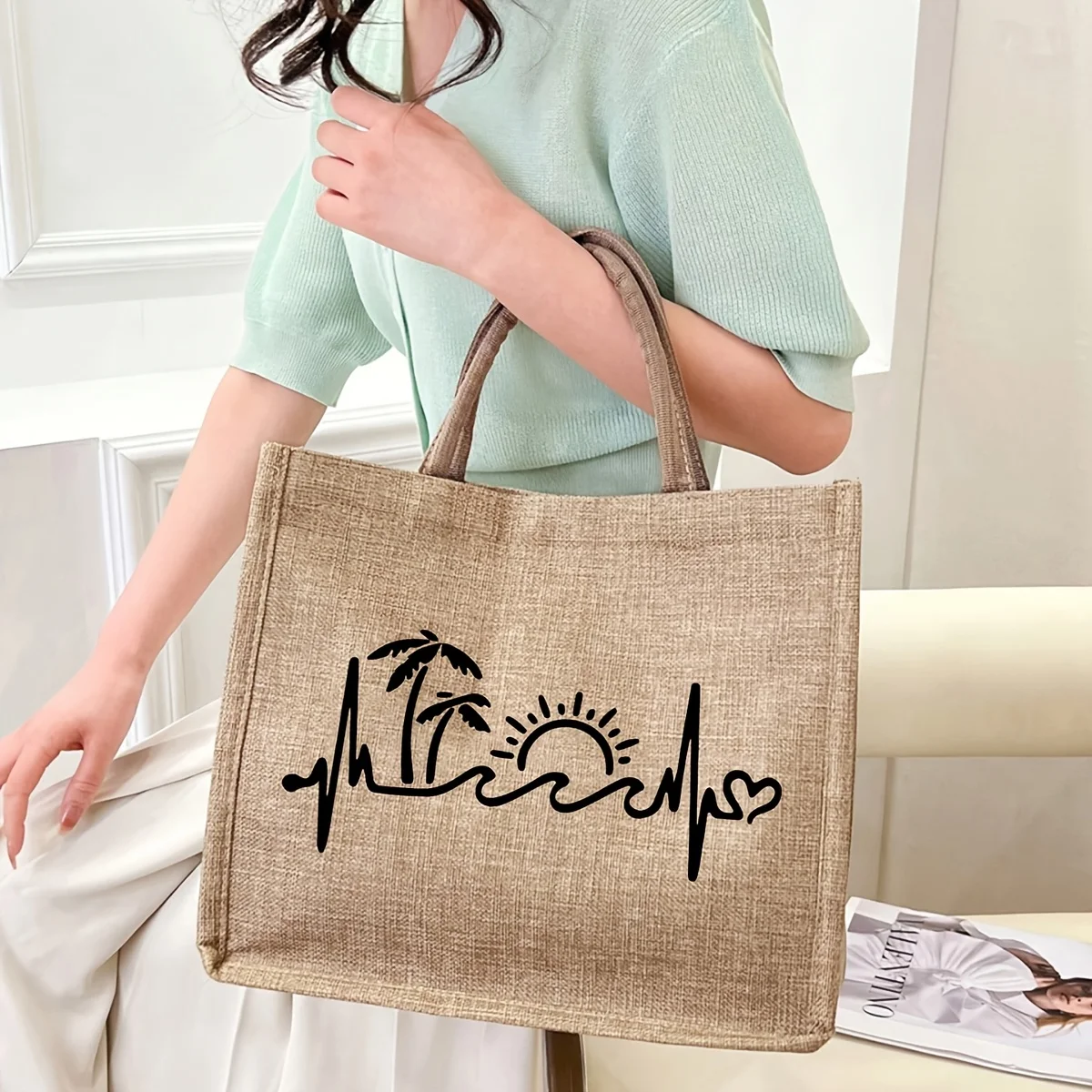

Large Shopping Tote Bag Sunrise Palm Trees Hearts and Heartbeat Patterns Portable Brown Handles Multi Functional Storage Bag