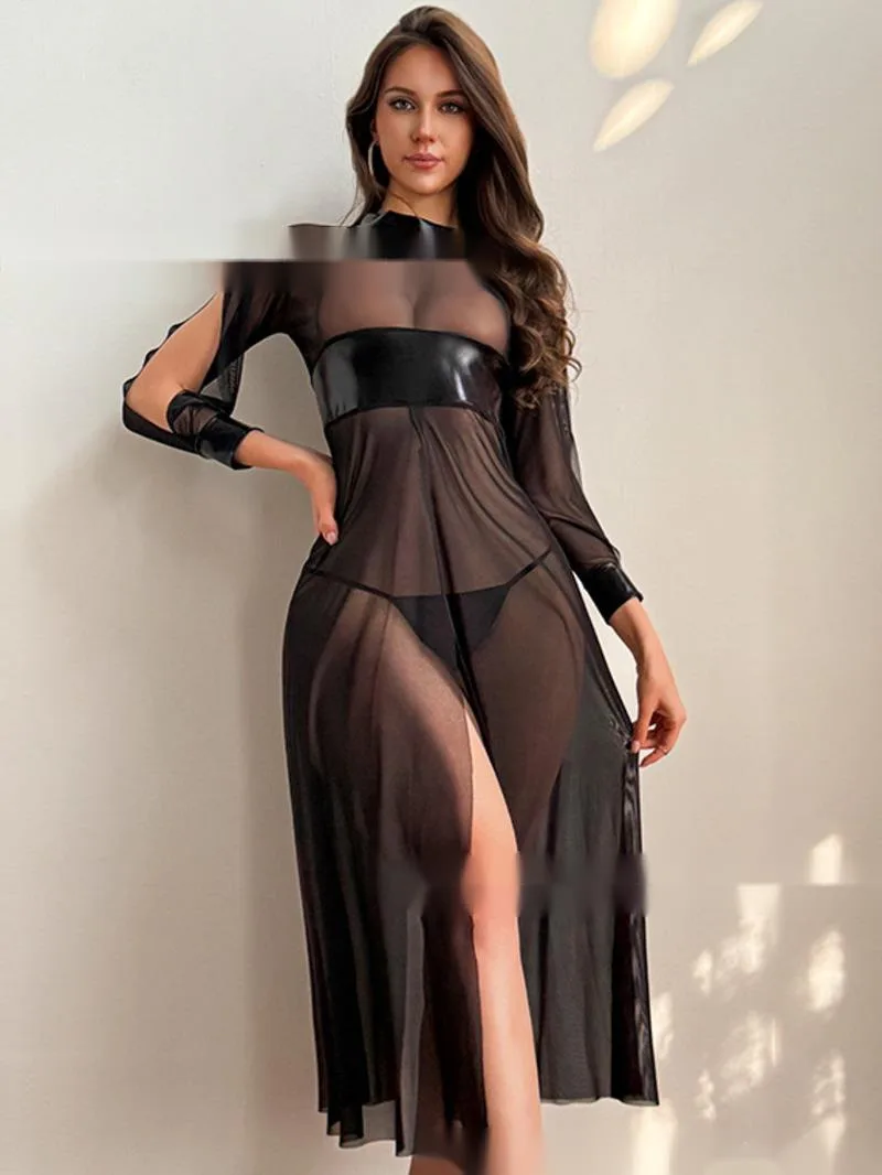 新しい ‌ セクシーな黒のメッシュシースルーロングスリーブドレス、ハイ スリット入りエロティックガウン、透明感のあるピュアな欲望の美しいドレス、チャーム593Z