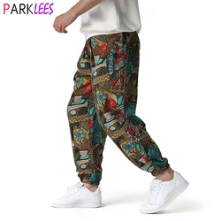 Fashion Traditional Nation Print Cotton Linen Joggers Pants Men Hip Hop Harem Trousers Mens Hippie Casual Streetwear Sweatpants