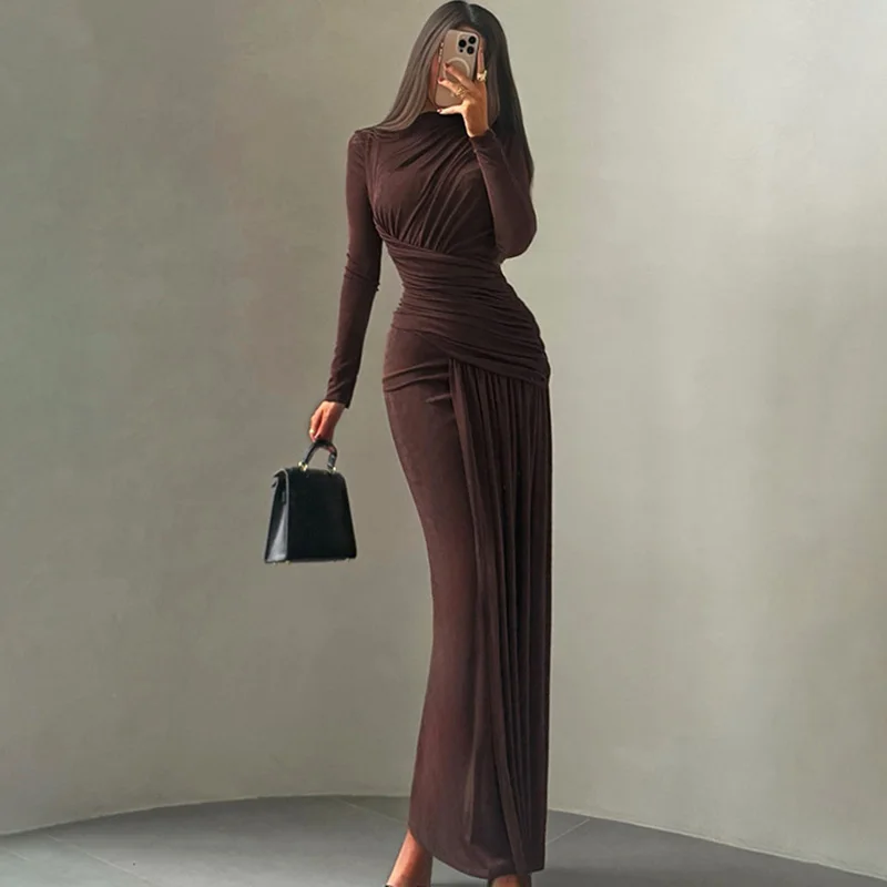 

Ticketsx Fashion Ruched Long Sleeve Dress Solid Round Neck High Waist Slim Long Dress Women Autumn Elegant Party Evening Dress