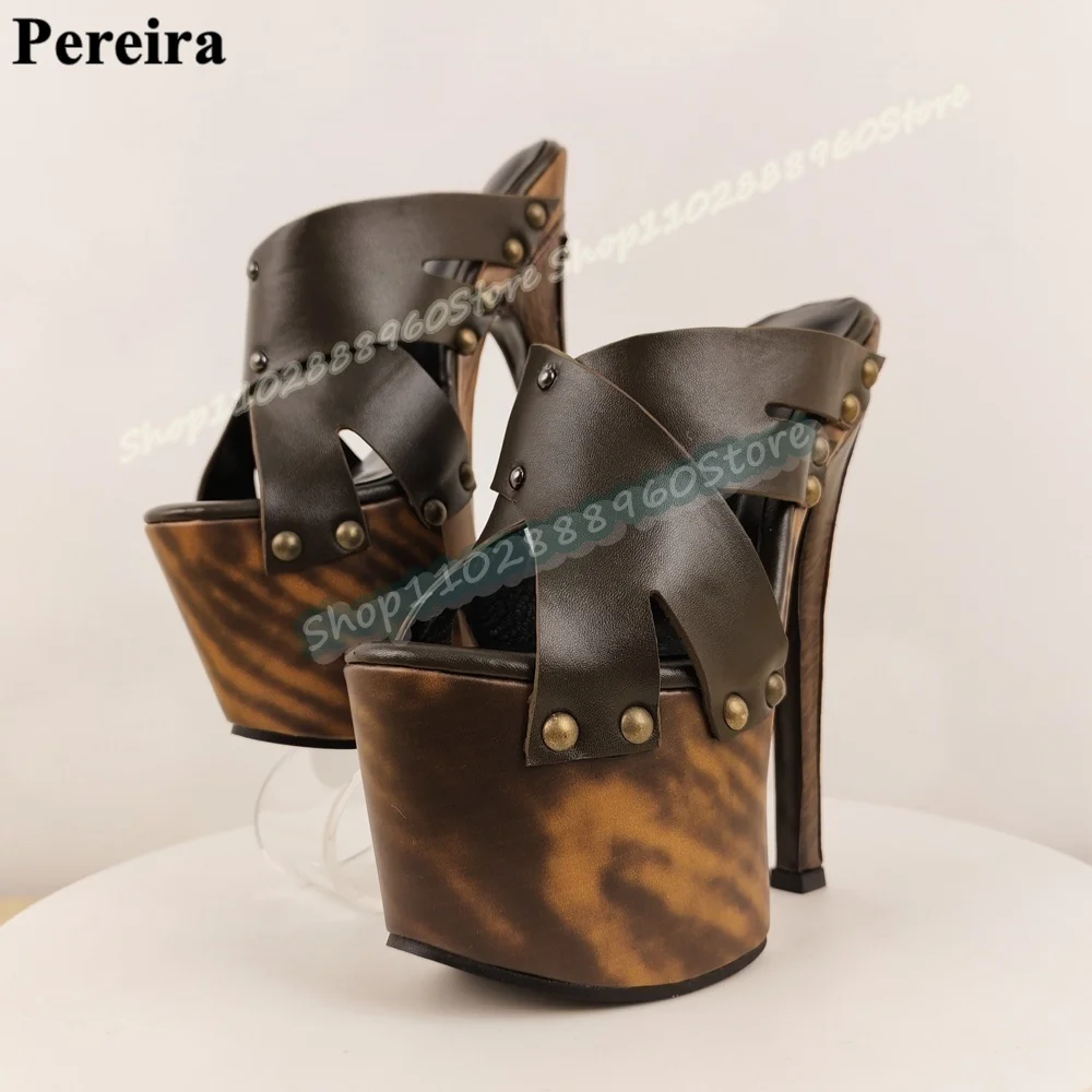 

Coffee Color Leather Wood Printing Platform Slippers Super High Heel Shoes For Women Slip On Peep Toe Occidental Style Slippers