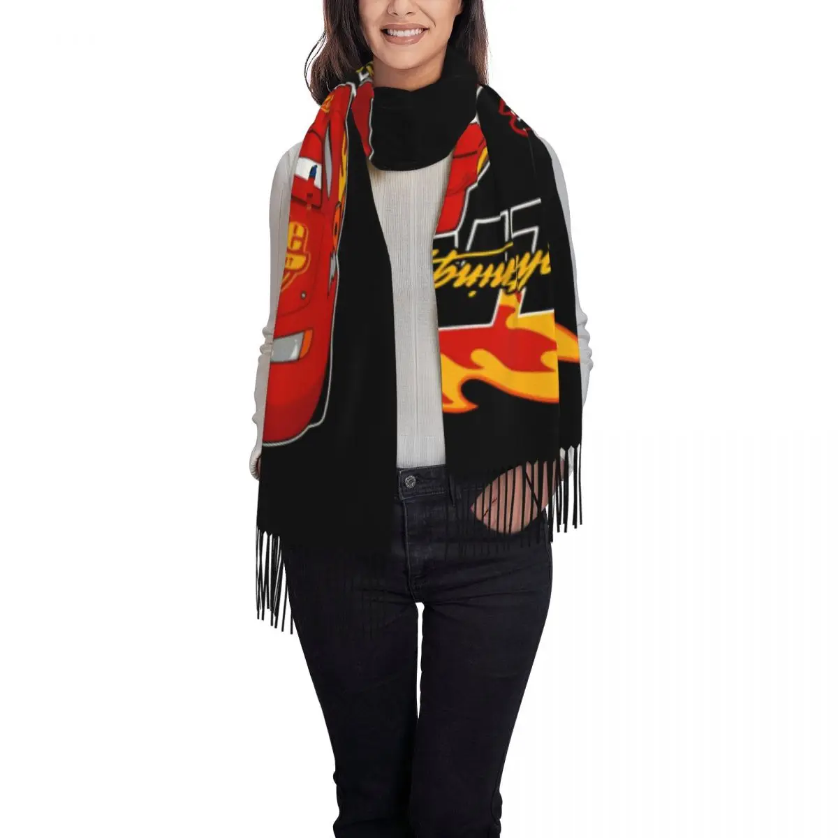 Custom Retro   Lightning McQueen Car Tassel Scarf Women Soft Cartoon Shawls Wraps Female Winter Scarves