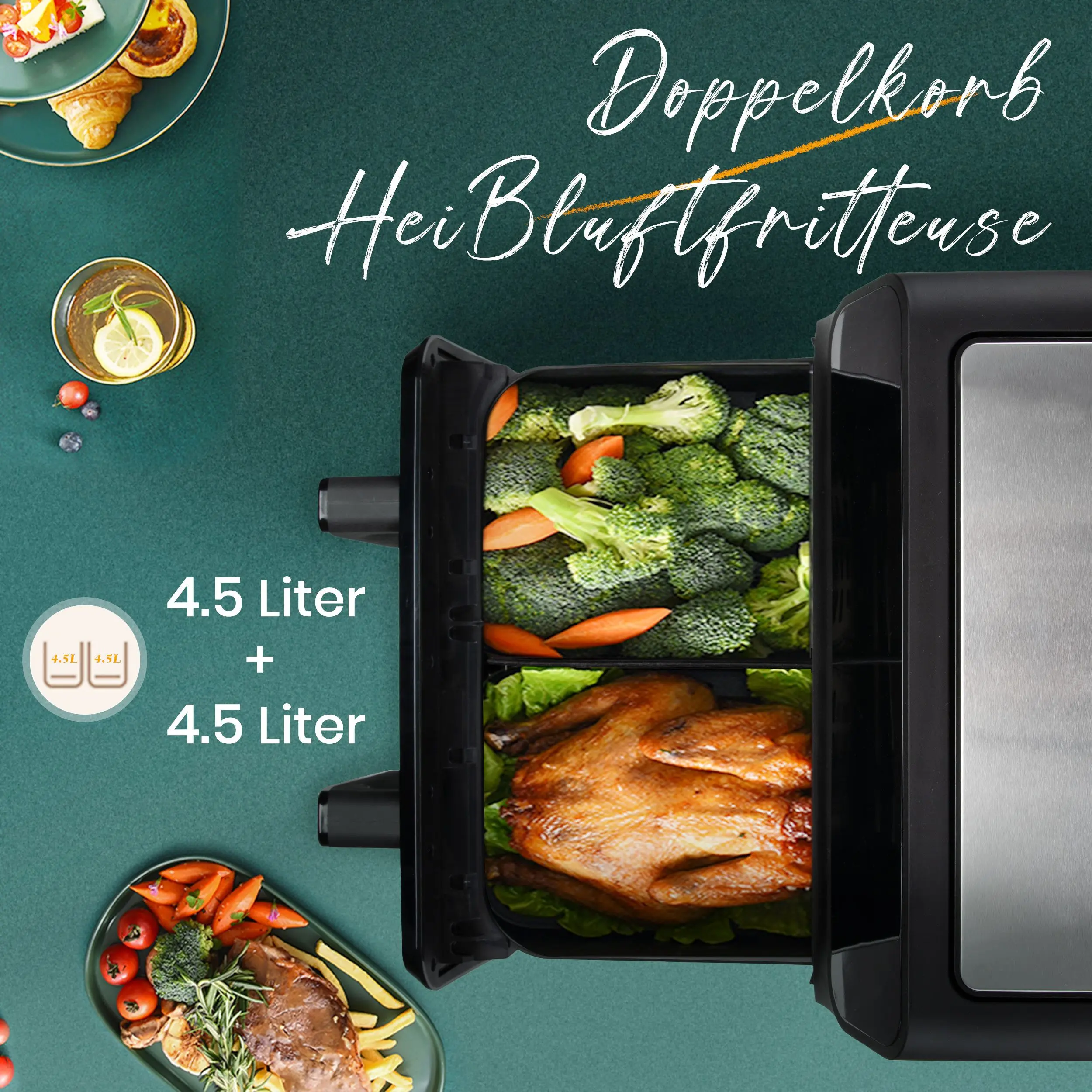 مقلاة هوائية ساخنة 2200 وات سلة مزدوجة 9 لتر XXL مقلاة هوائية متعددة الوظائف مع شاشة LED تعمل باللمس برامج تلقائية قابلة للتوقيت