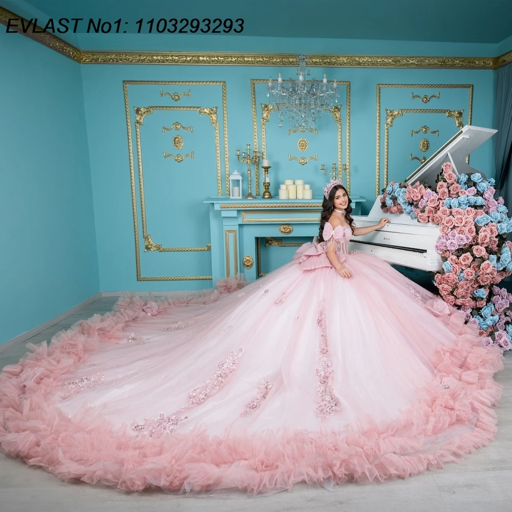 EVLAST Customized Shiny Green Quinceanera Dress Ball Gown Floral Applique Beading Ruffles Sweet 16 Vestidos De 15 Anos E1QN698