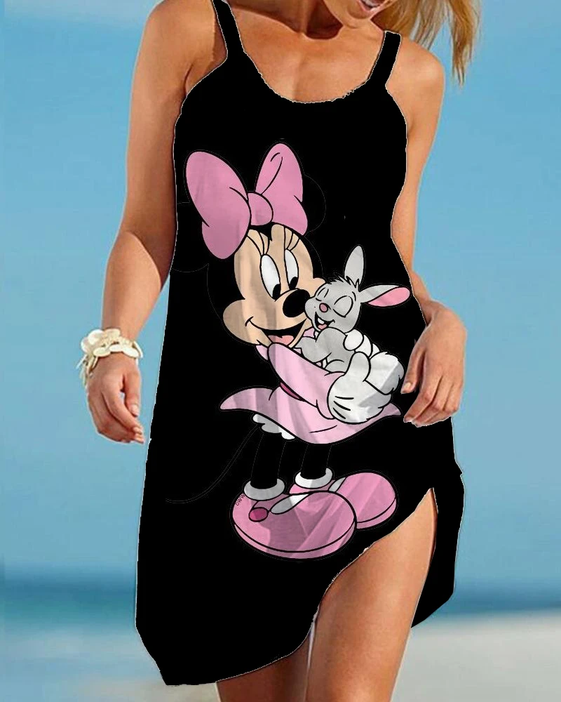 Vestido bohemio con estampado de dibujos animados de Minnie de Disney para mujer, vestidos sin mangas con cuello en V a la moda, vestido de playa suelto con dobladillo de verano, vestido elegante