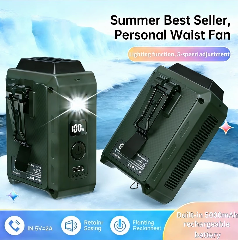 Portable waist fan, 5-speed cooling fan, suitable for construction site, camping and traveling, rechargeable battery.