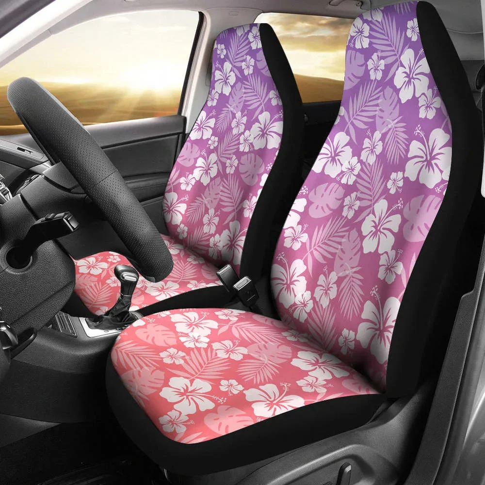 Coral and Purple Ombre Car Seat Covers With White Hibiscus Pattern Ove,Pack of 2 Universal Front Seat Protective Cover