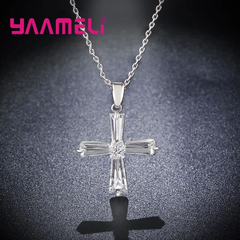 Original 925 Sterling Silber Damen Herren Halskette Glänzender Zirkonia Gepflasterter Kreuz Anhänger/Kette Hochzeit Party Zubehör