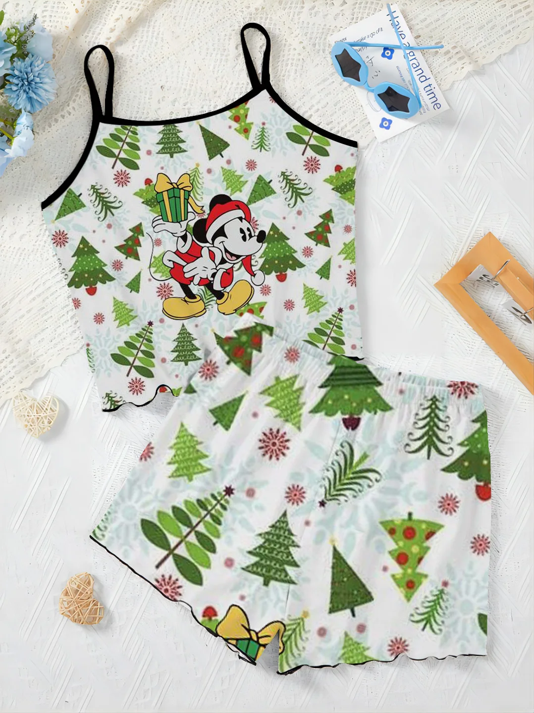 Pajama Skirt Home Dress Minnie Mouse Christmas T-shirt Short Sets for Women 2 Pieces Top Women's Suit Mickey Lettuce Trim Disney