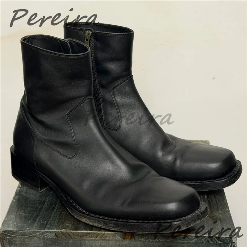 Retro Square Toe Chelsea Boots for Men Women Street Style Side Zipper Thick Heel Motorcycle Boots Outdoor Trendy Couple Shoes
