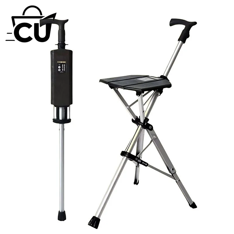 110KG Load Bearing New High Quality Aluminum Alloy Foldable Cane Stick Seat Adjustable Elderly Crutch Fishing Chair With Stool