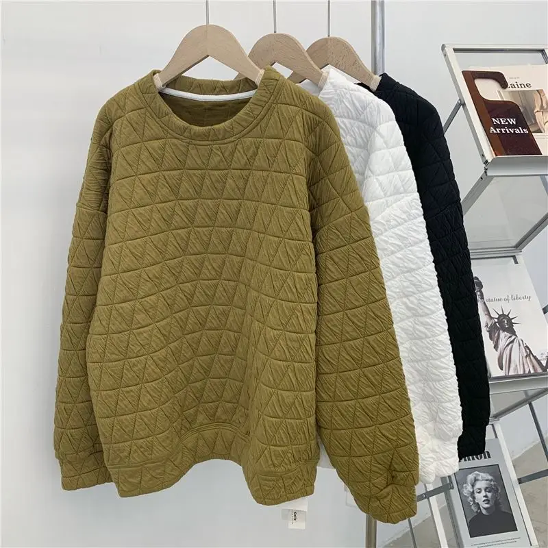 

Checkered Sportswear Women's Autumn And Winter Loose Fitting Solid Color Lazy Style Pullover Casual Top 2023