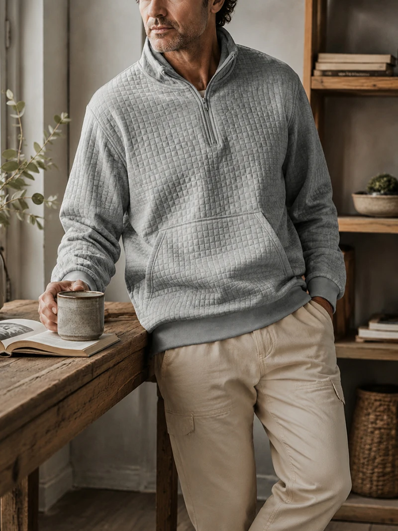 Herren Waffelstruktur Stehkragen Halbreißverschluss Langarm-Sweatshirt mit Kängurutasche, Locker Geschnitten, Frühling Herbst Weicher Lässiger Pullover – Detail 2