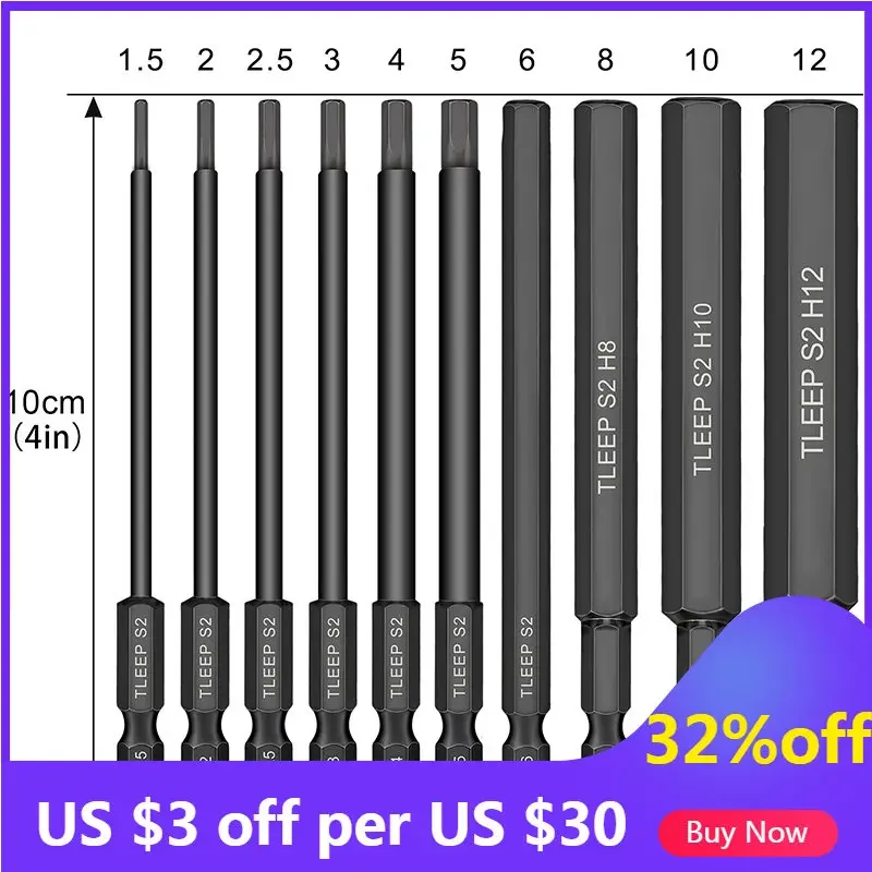 10Pcs Metric Hex Head Allen Wrench Drill Bits Set 100mm Hex Bit Set S2 Steel Allen Screwdriver Bit Magnetic Hex Key Drill Bit