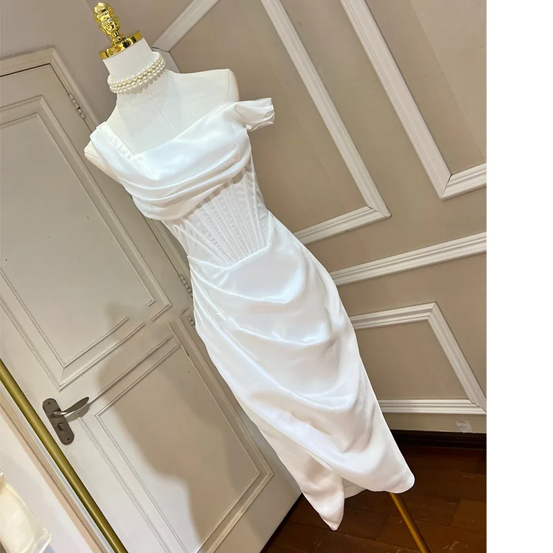 Alta qualidade cetim bodycon vestido elegante feminino roupas de festa 2025 novo fora do ombro sexy saia celebridade vestidos noite