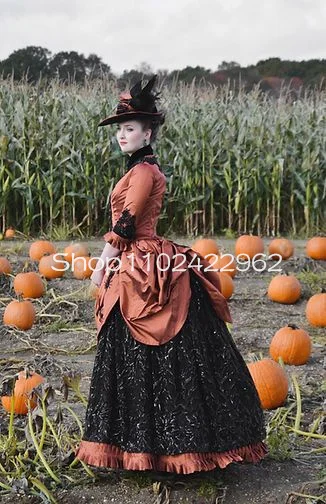 Dark Orange and Black Gothic Prom Occasion Dresses with Long Sleeve Ruched Skirt Historique Victorian Bustle Evening Gown