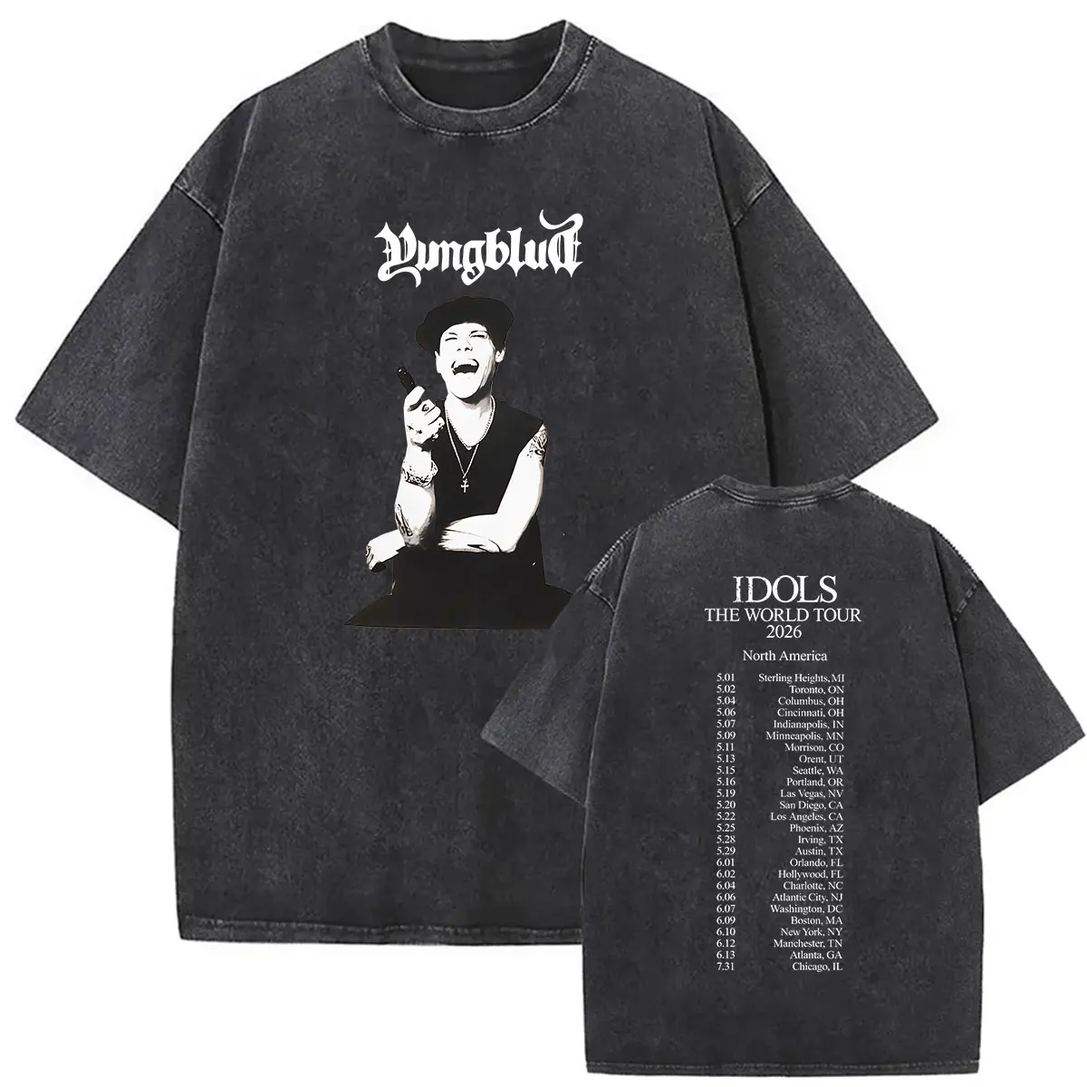Vintage Washed Yungblud Idols The World Tour 2026 North America T Shirt Men's Hip Hop Punk Pop Short Sleeve T-shirts Streetwear