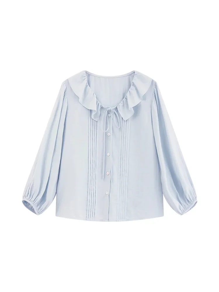 Elegant V-Neck Ruffle Blouse for Women – Chic Pleated Lantern Sleeve Shirt, Loose-Fit Summer Office Casual Top with Tie Neck