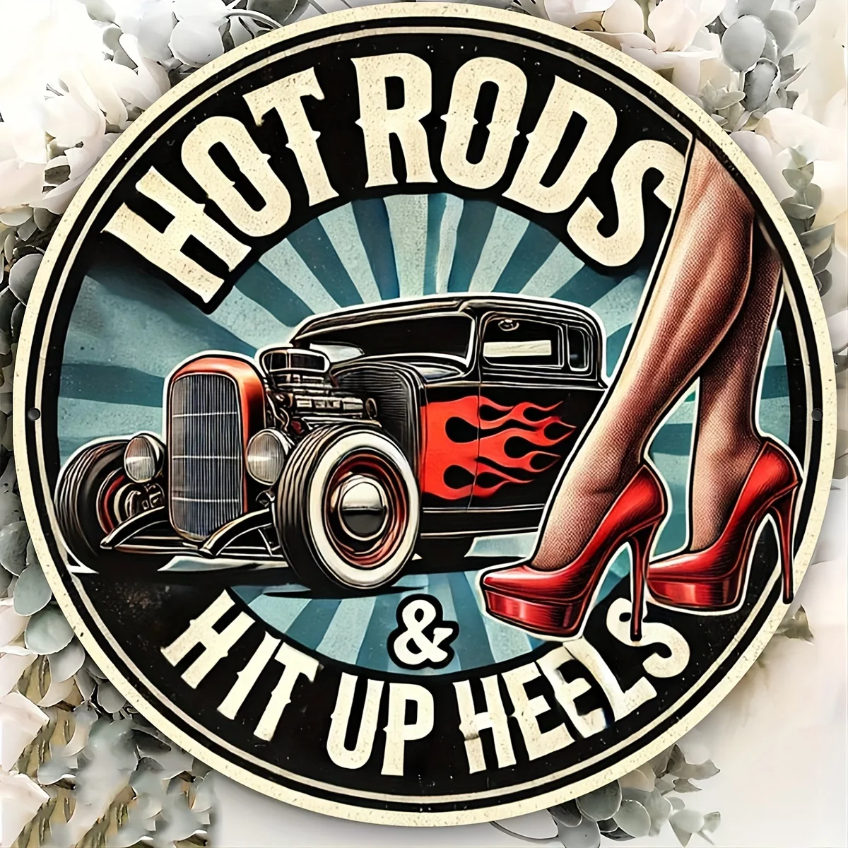Round Metal Tin Sign 2D Flat 1pc 20x20cm Hot Rods & High Heels Vintage Car Pattern Circular Wall Plaque Garage Decor