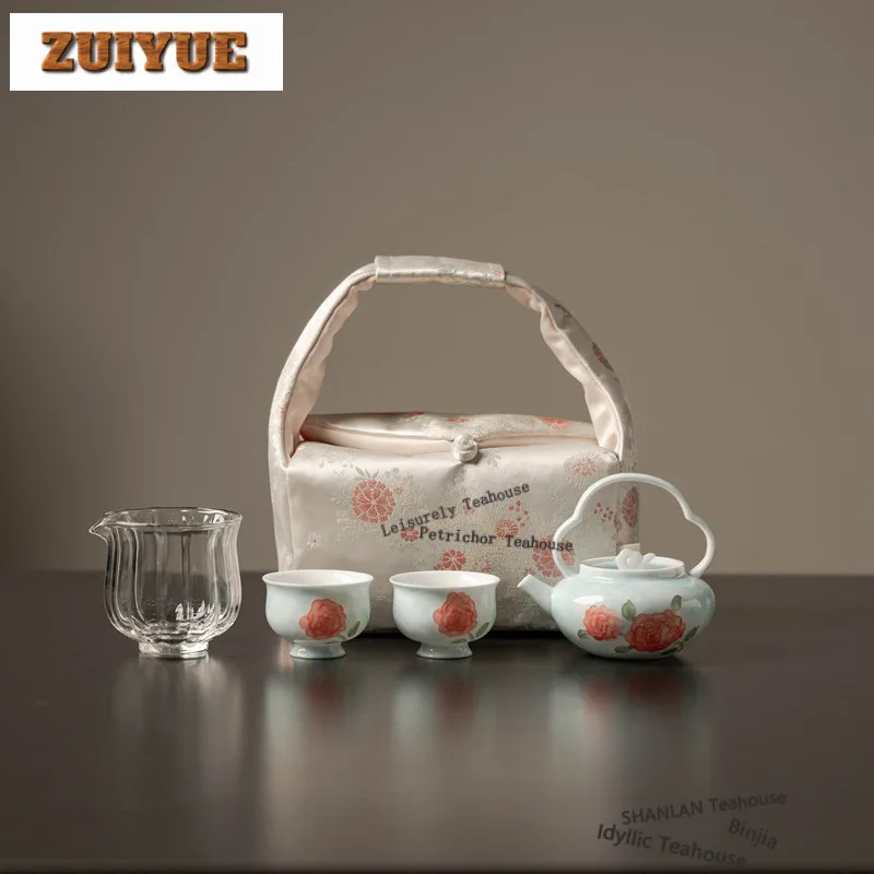 

Ручная роспись, дорожный чайный сервиз с розой, набор, эстетический 1 горшок, 2 чашки, органайзер для чайника, портативная сумка для пикника, аксессуары, украшение