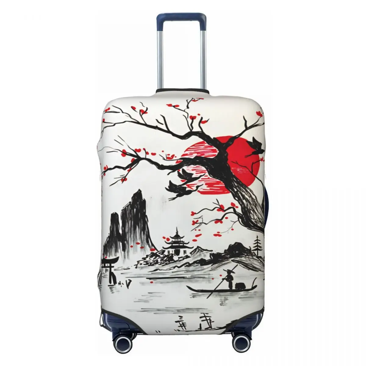 Ink Wash Plum Mountain Fisherman Red Sun Zen Luggage Cover Elastic Travel Suitcase Protective Covers Suit For 18-32 inch